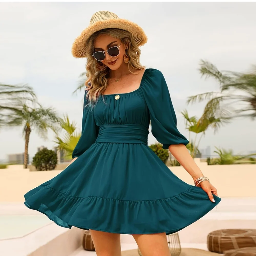 NWT Women's Peacock Blue Boho Ruffle Dress Long Lantern Sleeves Size S - Picture 6 of 15